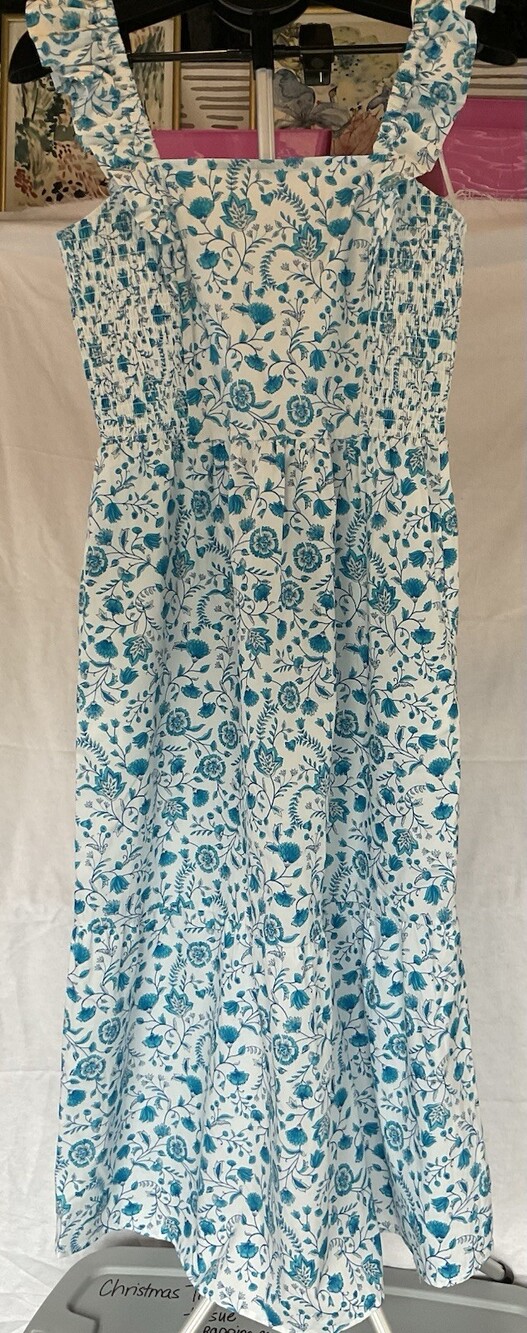Draper James Sleeveless, Ruffled, Turquoise Flower Maxi Dress With Bottom Ruffle